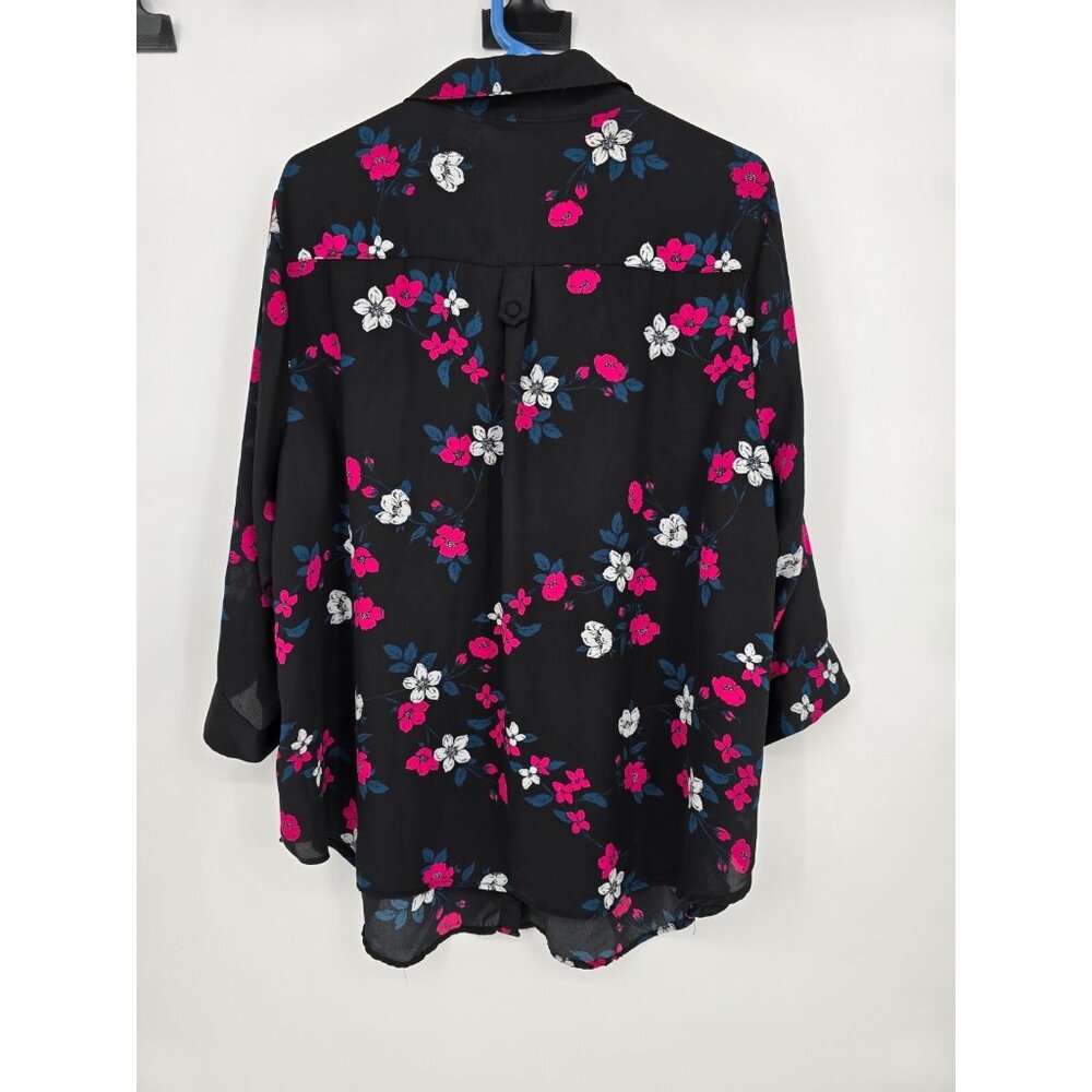 Torrid Size 2 Womens Top Black Floral Button Up Roll Tab Sleeve Blouse - Picture 4 of 5